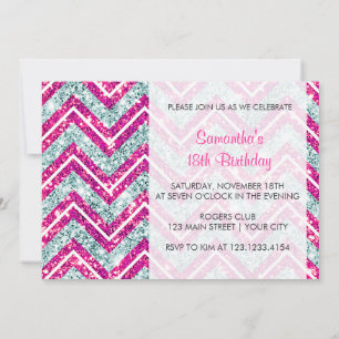 Girly Pink & Blue Funkelnd Imitat Glitzer Zickzack Einladung