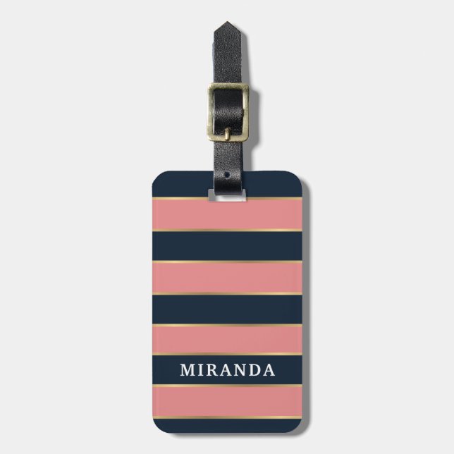 Girly Pink Blue Gold Streifen Muster Name Gepäckanhänger (Vorderseite vertikal)