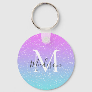 Girly Pink Blue Rainbow Star Glitter Monogram Name Schlüsselanhänger