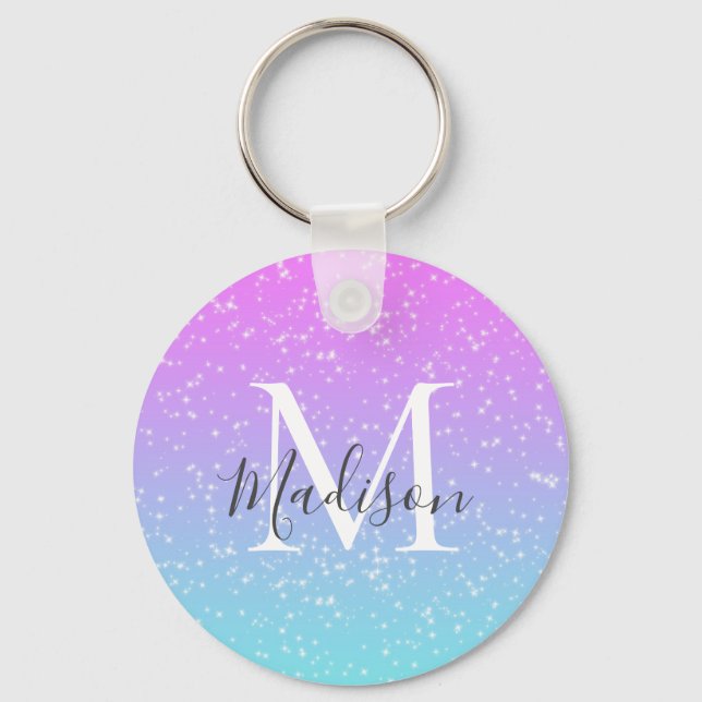 Girly Pink Blue Rainbow Star Glitter Monogram Name Schlüsselanhänger (Vorderseite)