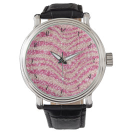Girly Pink Blush Glitter Zebra Pattern Armbanduhr