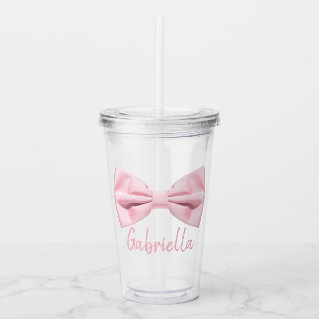 Girly Pink Bow With Name Preppy Custom 16oz, Clear Acryltrinkbecher (Vorderseite)