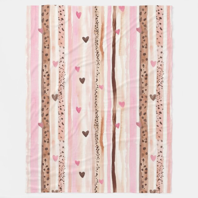 Girly Pink Brown Leopard Druckerhitze Streifen Fleecedecke (Vorderseite)