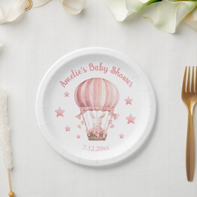 Girly Pink Bunny in Balloon und Stars Paper Plate Pappteller (Von Creator hochgeladen)
