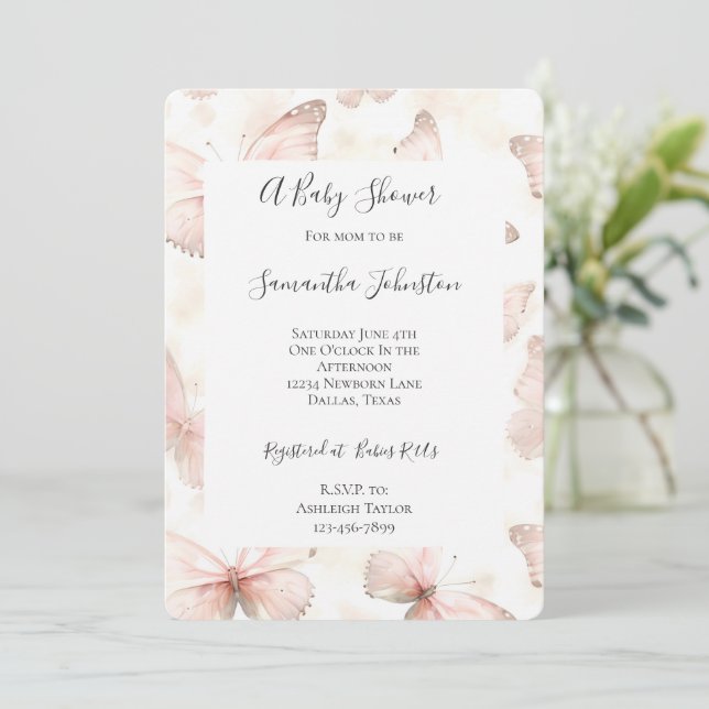 Girly Pink Butterflies Baby Shower Einladung (Stehend Vorderseite)