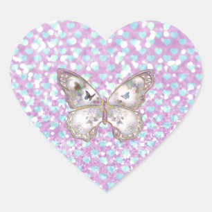 Girly Pink Butterfly Blue Hearts Glitzer Pattern Herz-Aufkleber