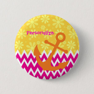 Girly Pink Chevrons Orange Anchor mit Namen Button