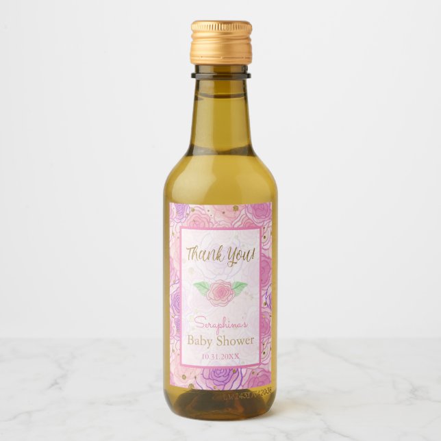 Girly Pink Chic Rose Gold Baby Dusche Vielen Dank Weinetikett (Vorderseite)