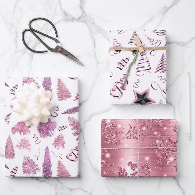 Girly Pink Christmas Chic Trees Geschenkpapier Set (Vorderseite)