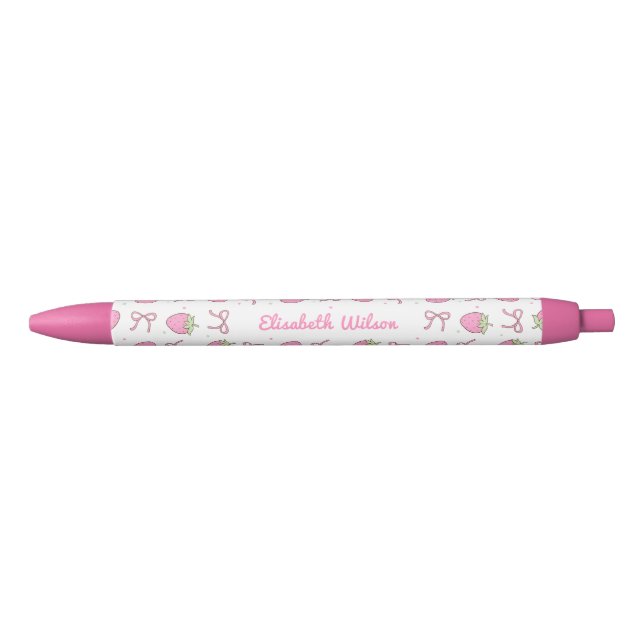 Girly Pink Coquette Strawberry Bow Name Kugelschreiber (Vorderseite)