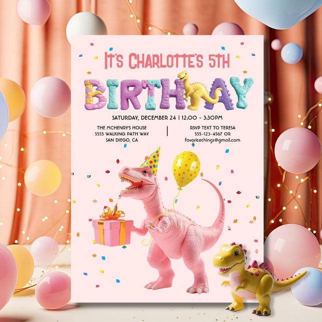 Girly Pink Dinosaur Geburtstagsparty Einladung (Von Creator hochgeladen)