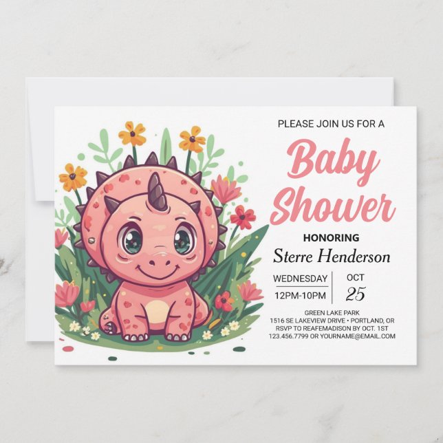 Girly Pink Dinosaur Girl Baby Dusche Einladung (Vorderseite)