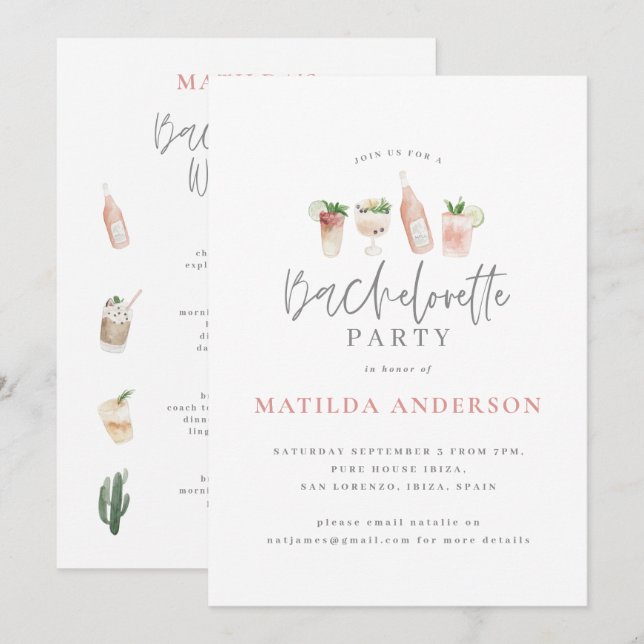 Girly Pink Drinks Bacheloretour Ankündigung (Vorne/Hinten)