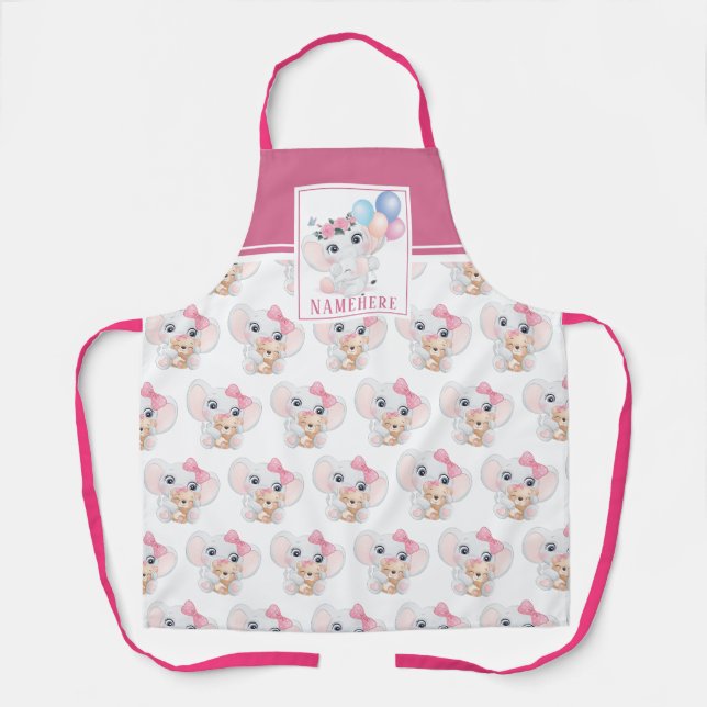 Girly Pink Elephant mit Bow und Balloon Muster Schürze (Vorderseite)