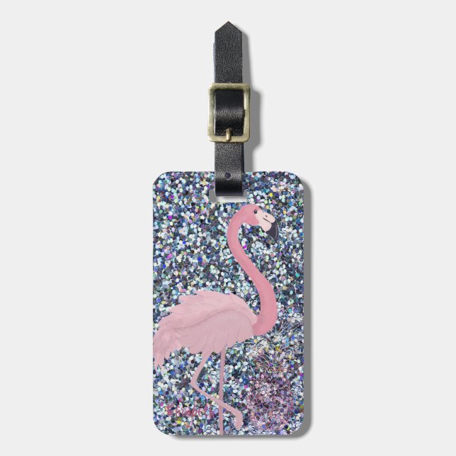 Girly Pink Flamingo, Ananas, Glitzer Personalisier Gepäckanhänger (Vorderseite vertikal)
