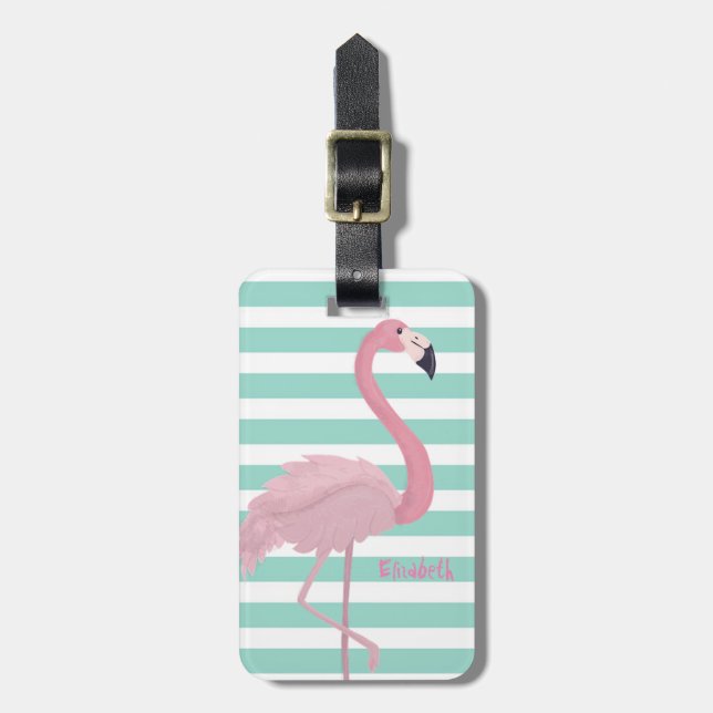 Girly Pink Flamingo auf Minze, weiße Streifen Gepäckanhänger (Vorderseite vertikal)