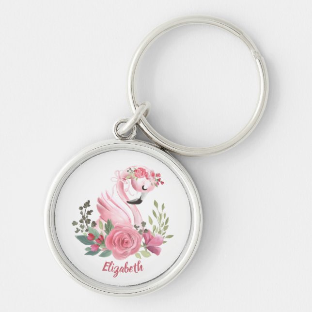 Girly Pink Flamingo Rose Name Schlüsselanhänger (Vorne)
