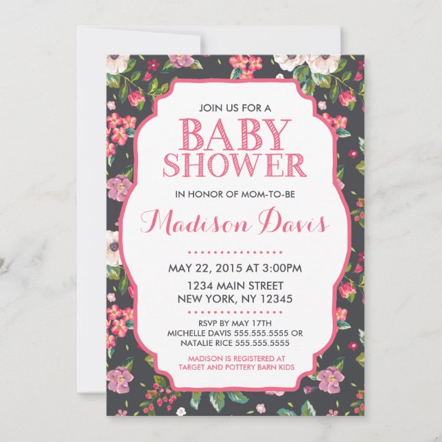 Girly Pink Floral Baby Shower Einladungen (Vorderseite)