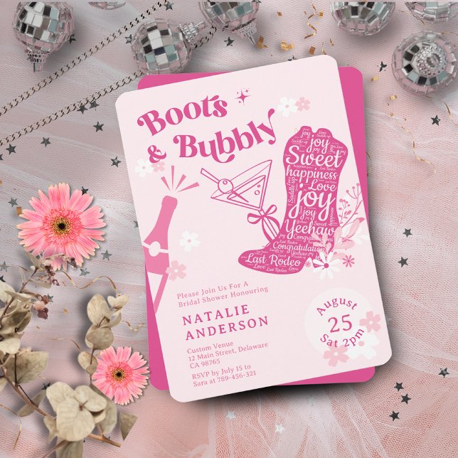 Girly Pink Floral Boots & Bubbly Brautparty Einladung (Girly Pink Floral Boots & Bubbly Bridal Shower Invitation)