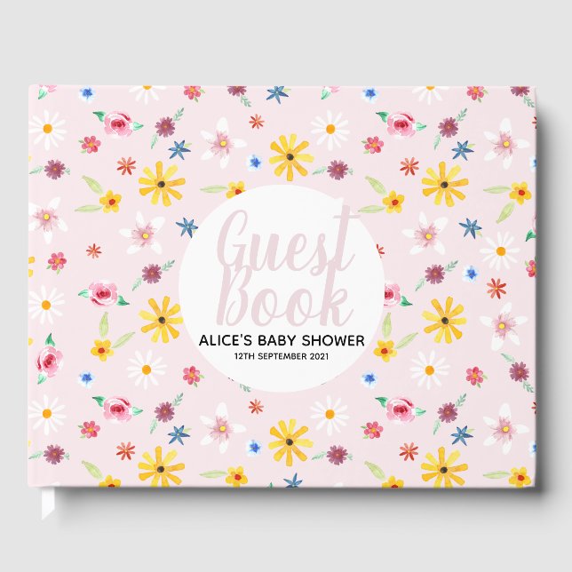 Girly Pink Floral Botanical Blume Kinderdusche Gästebuch (Vorderseite)