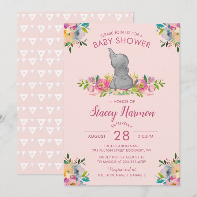 Girly Pink Floral Elephant Baby Dusche Einladung (Vorne/Hinten)