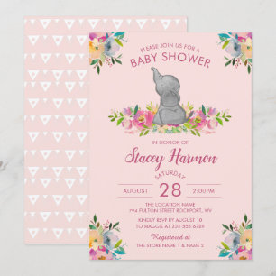 Girly Pink Floral Elephant Baby Dusche Einladung