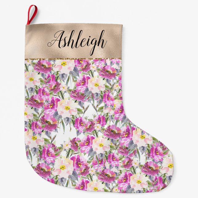 Girly Pink Floral Gold Glam Großer Weihnachtsstrumpf (Vorderseite)