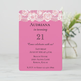 Girly Pink Floral Lace Birthday Einladung