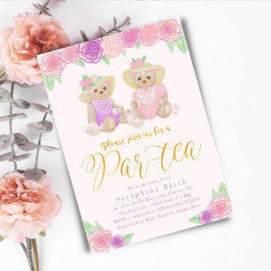 Girly Pink Floral Teddy Bären Tee Party Babydusche Einladung