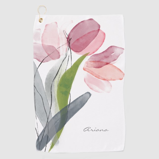 Girly Pink Floral Tulips Blätter Weiß Golfhandtuch (Vorderseite)