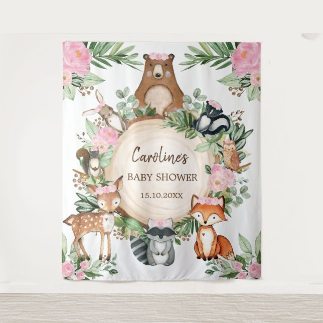 Girly Pink Floral Woodland Babydusche Hintergrund Wandteppich (Vorderseite)