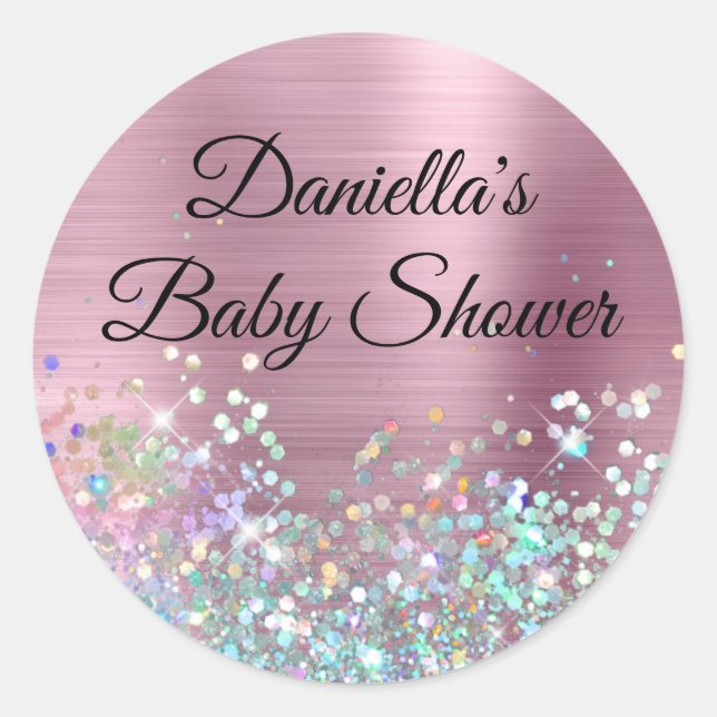 Girly Pink Foil Holo Glitzer Babydusche Runder Aufkleber (Vorderseite)