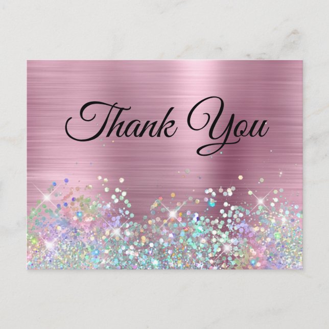 Girly Pink Foil Holo Glitzer Vielen Dank Postkarte (Vorderseite)