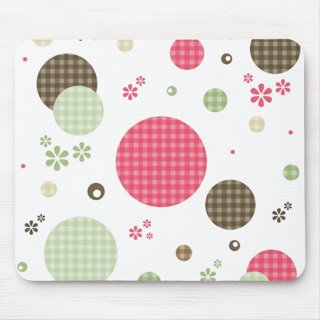 Girly Pink Gingham Pattern Circles Niedlich Daisie Mousepad (Vorne)