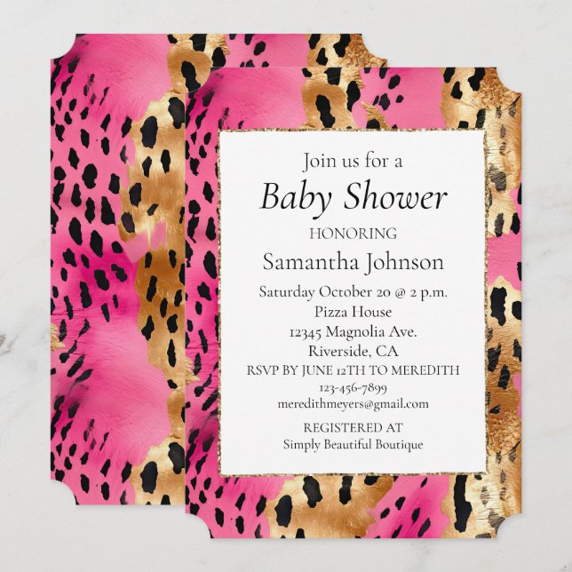 Girly Pink Glam Gold Leopard Baby Dusche Einladung (Vorne/Hinten)