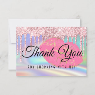 Girly Pink Glam Kiss Lippen Faux Holografischer Re Dankeskarte