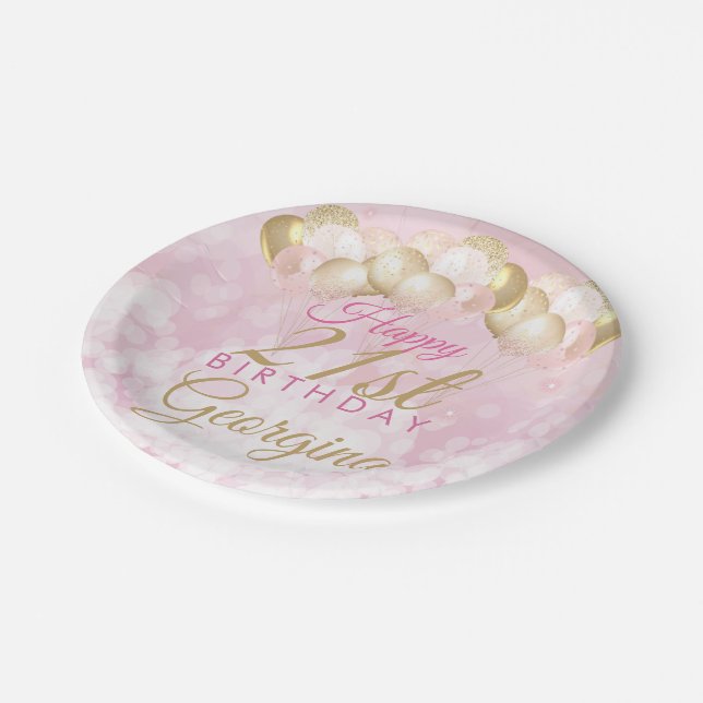 Girly Pink Glitzer Balloons 21. Geburtstag Pappteller (Schrägansicht)