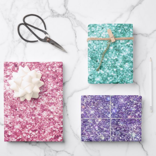 Girly Pink Glitzer Confetti Geschenkpapier Set (Vorderseite)