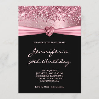 Girly Pink Glitzer Foil Gem Herz 50. Geburtstag Einladung