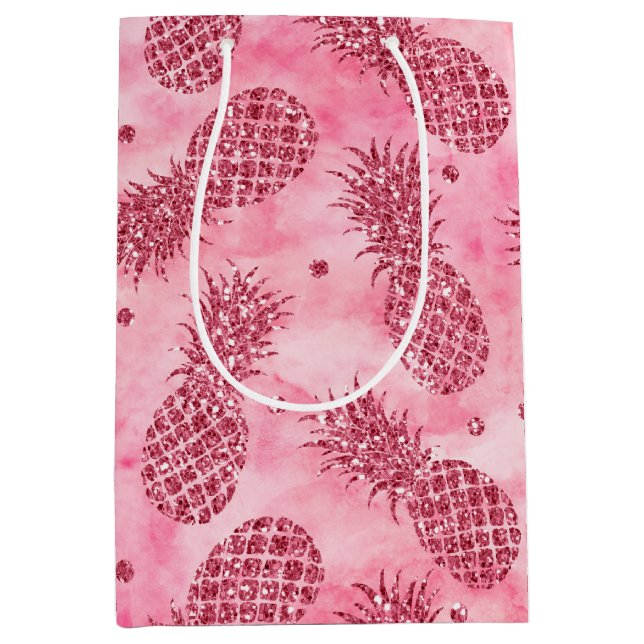 Girly Pink Glitzer Glitzy Ananas Mittlere Geschenktüte (Vorderseite)