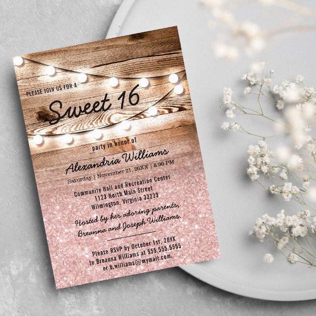 Girly Pink Glitzer Hanging Lights Wood Sweet 16 Einladung (Girly Pink Glitter Hanging Lights Wood Sweet 16 Invitation )