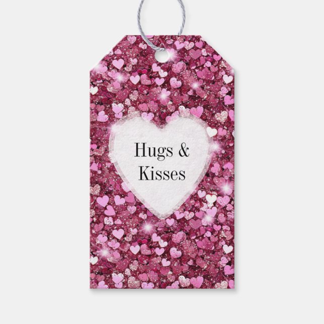 Girly Pink Glitzer Hearts Hugs Geschenkanhänger (Vorderseite)