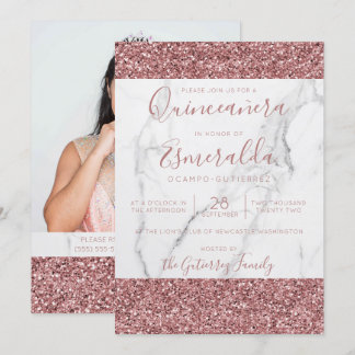 Girly Pink Glitzer Marble Quinceanera Foto Einladung
