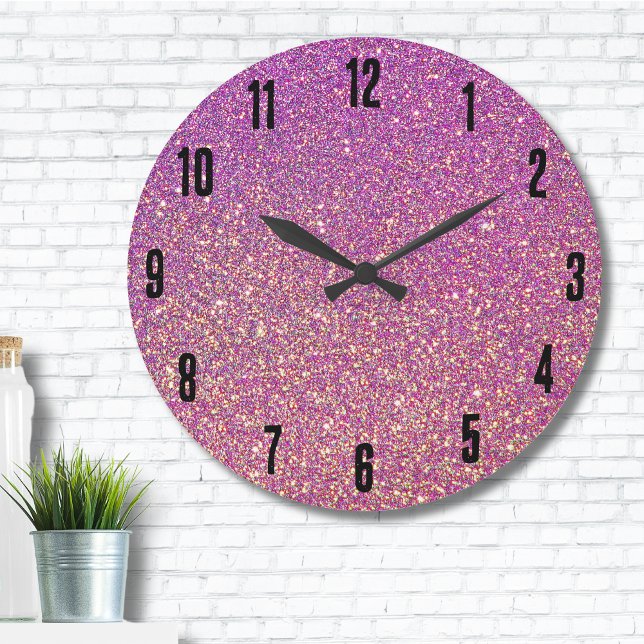 Girly Pink Glitzer Pattern Große Wanduhr (Trendy Girly Gradient Ombre Purple Pink Glitter Large Clock)