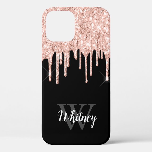 Girly Pink Glitzer Tropfen Grau Monogramm Case-Mate iPhone Hülle (Rückseite)