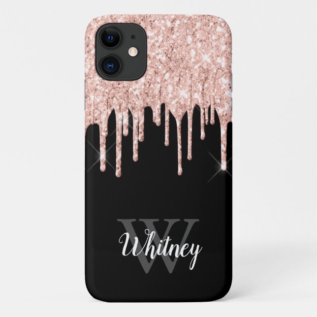 Girly Pink Glitzer Tropfen Grau Monogramm Case-Mate iPhone Hülle (Rückseite)