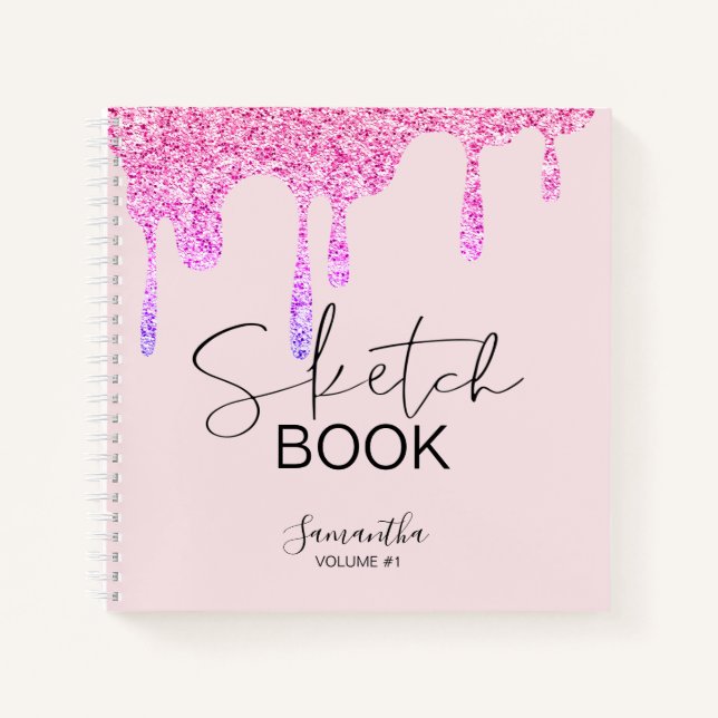 Girly Pink Glitzer Tropfen - Ihre Namenskizze Notizbuch (Vorderseite)