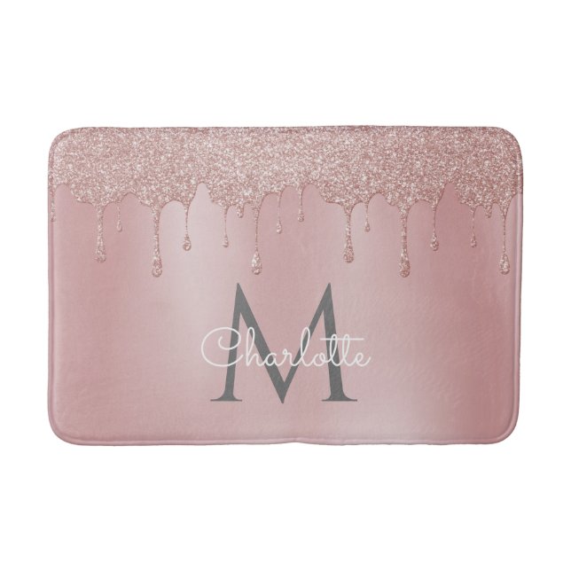 Girly Pink Glitzer Tropfen Monogram Chic Script Badematte (Vorderseite)