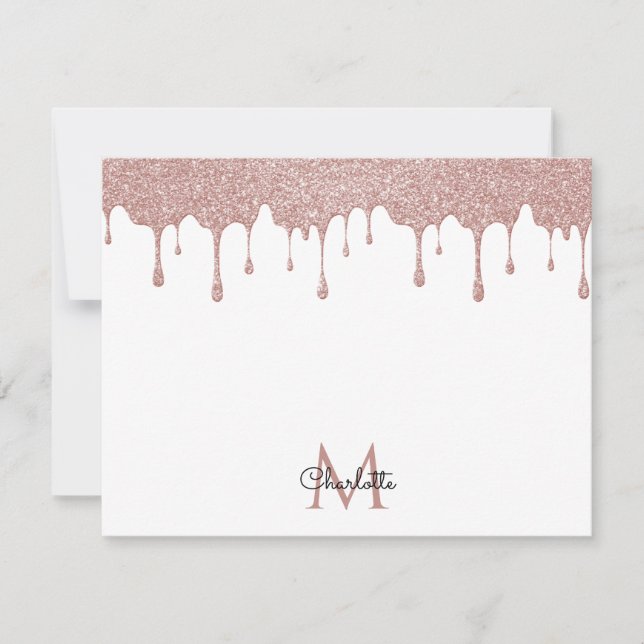 Girly Pink Glitzer Tropfen Monogram Elegante Scrip Mitteilungskarte (Vorderseite)