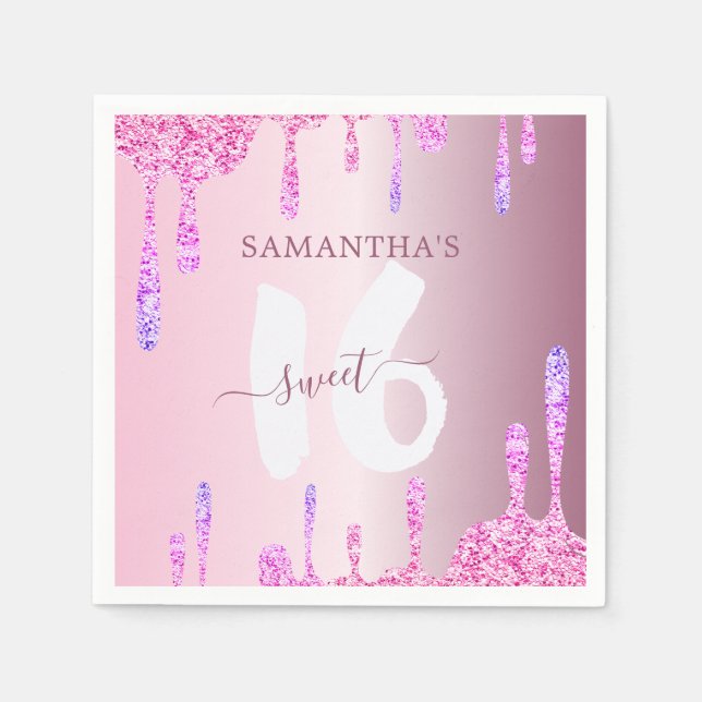 Girly Pink Glitzer Tropfen Sweet 16 Serviette (Vorderseite)
